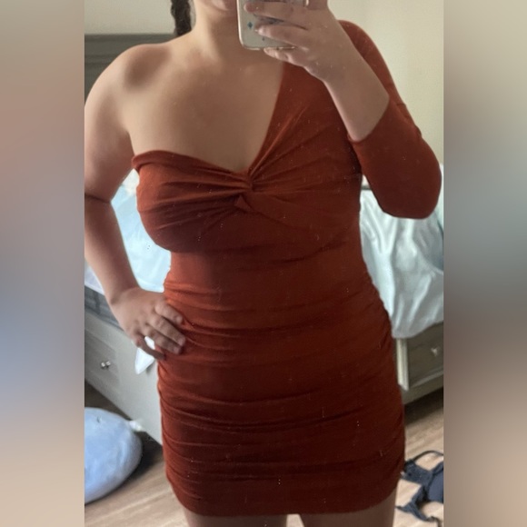 NWT One Shoulder Mini Dress Bronze Size 12 - Picture 6 of 6